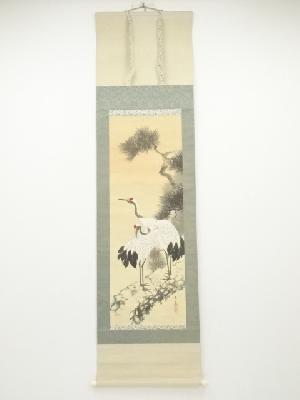 景雲筆　松上双鶴　肉筆絹本掛軸（保護箱）